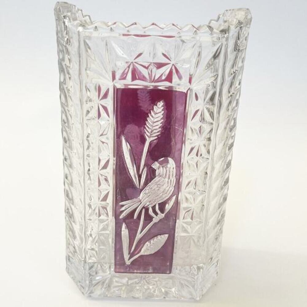 Vintage HOFBAUER Birds Heavy Cut Crystal Vase RUBY RED FLASH‎ HEAVY 7" H 90s MCM